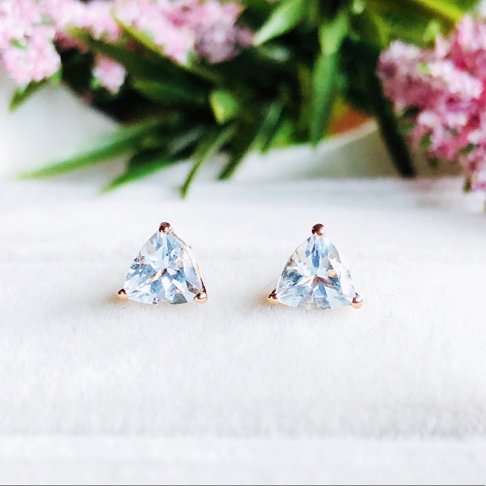 NEW 10K Rose Gold Trillion Aquamarine Studs